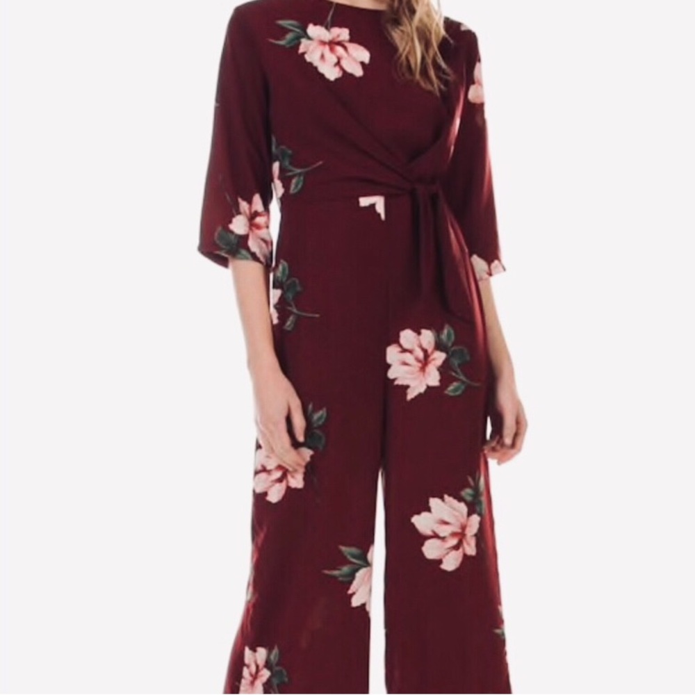 Anthropologie Lush Jumpsuit Burgundy Floral Sz L EUC